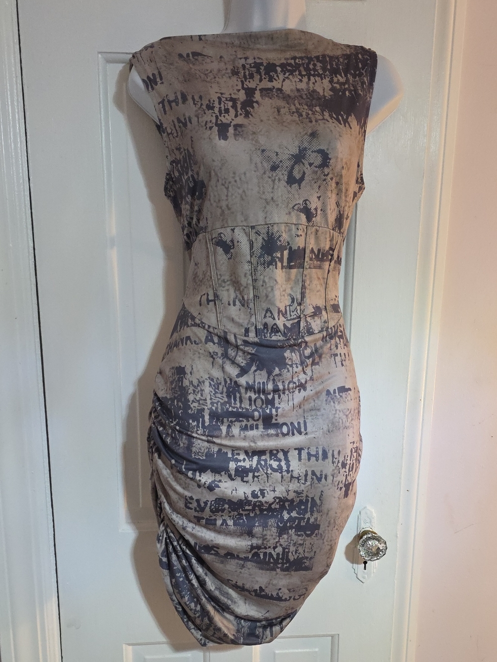 Cider Beige and Charcoal Printed Ruched Mini Dress